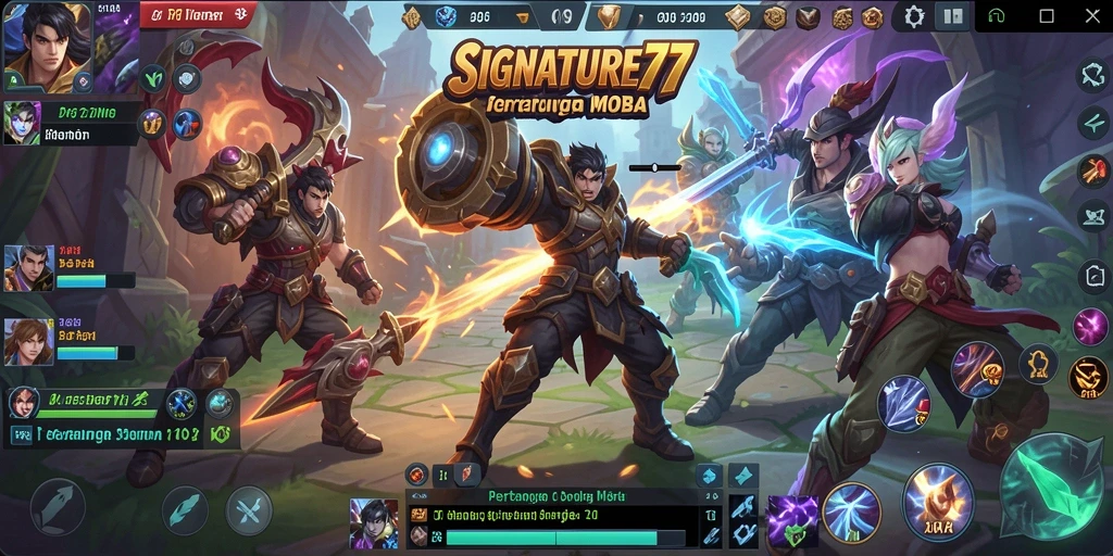 Screenshot SIGNATURE77 menampilkan aksi pertarungan MOBA yang intens.